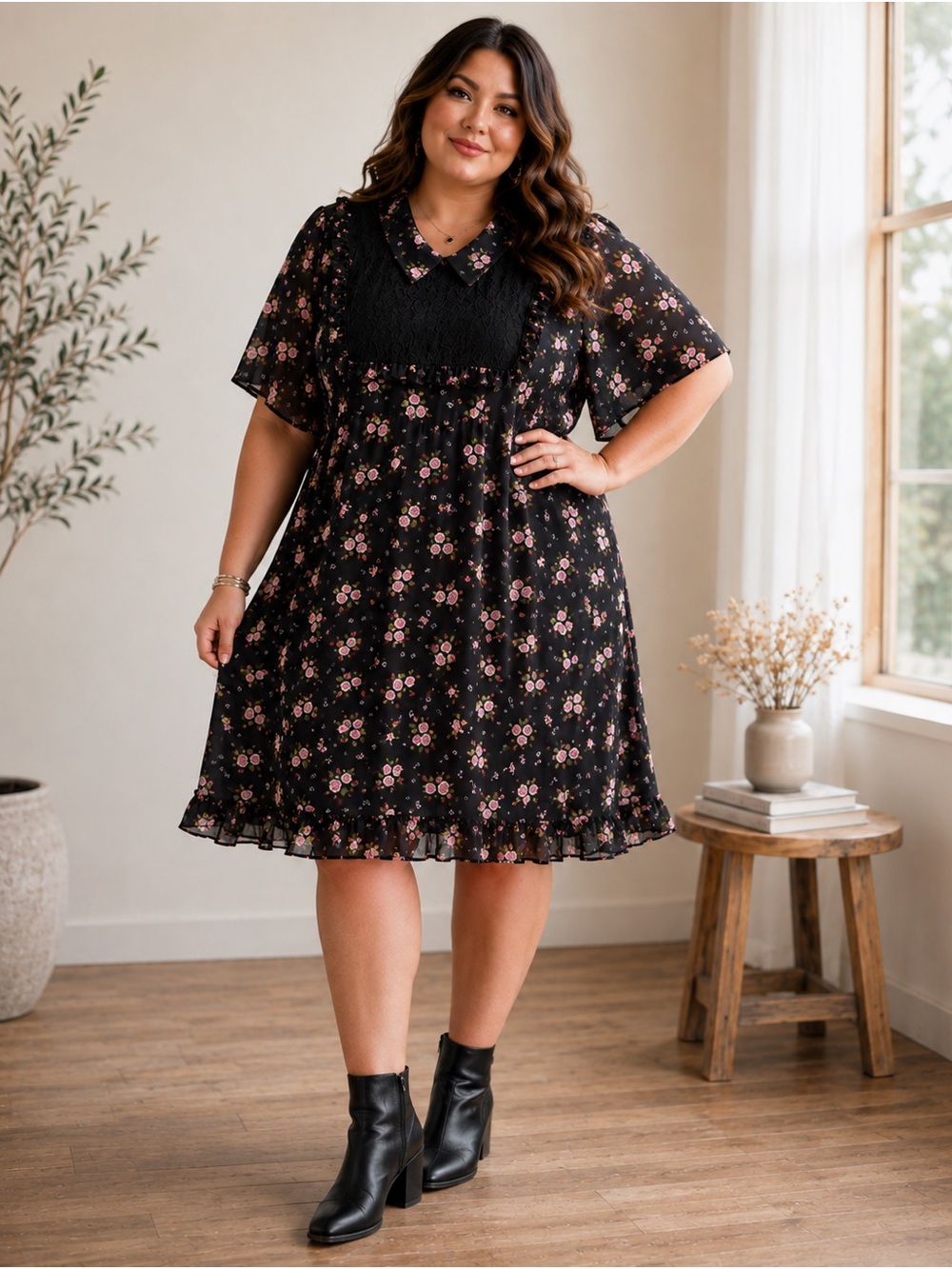 Hot Topic Black Notes & Roses Lace Collar Midi Dress Black w/Pink Roses Size 4X